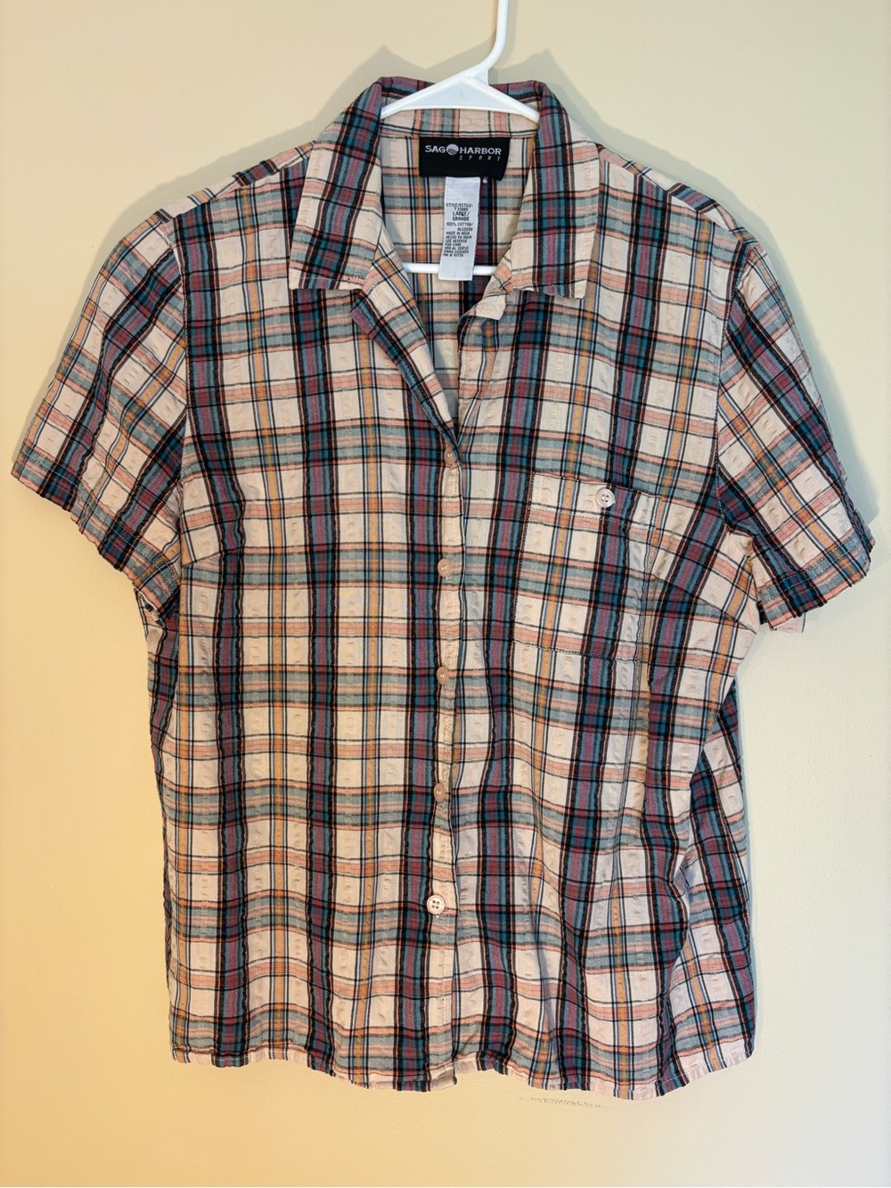 Sag Harbor Short-Sleeve Plaid Button-Down in Cream, Blue & Brown